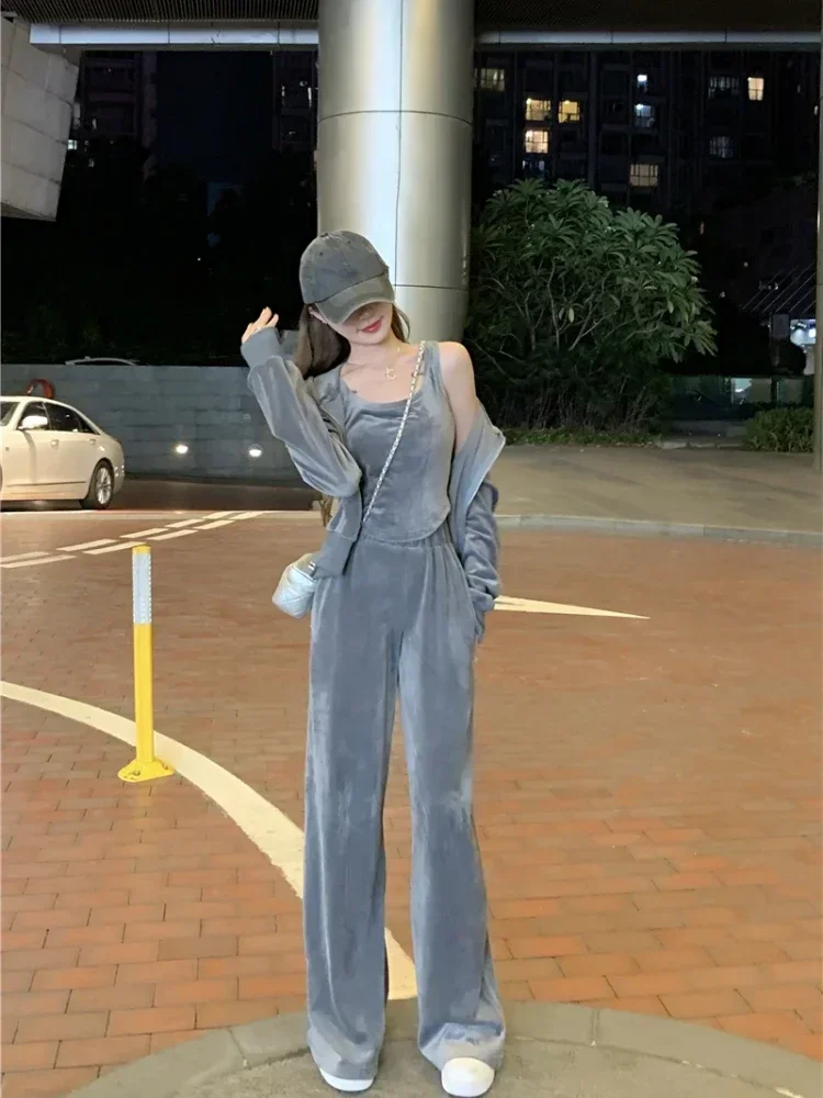 Fashion Velvet Hooded Sweater Tank Top Sports Pants Three Piece Set Women Korean Soft Casual Solid Loose Gray Sweatershirt Suit