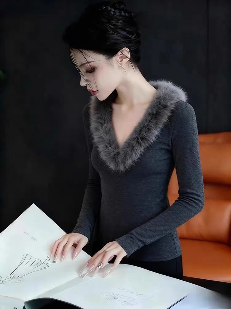 Retro americano ey peludo v-ne splice base irt roupa interior feminina outono inverno emagrecimento longo sve topo ci caminhada algodão