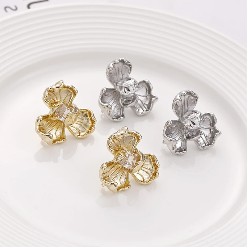 

2 Pieces 14k Copper Wrapped Gold Petal Flower Zircon with Silver Needle Earrings Diy Home-made Earrings Accessories Materials
