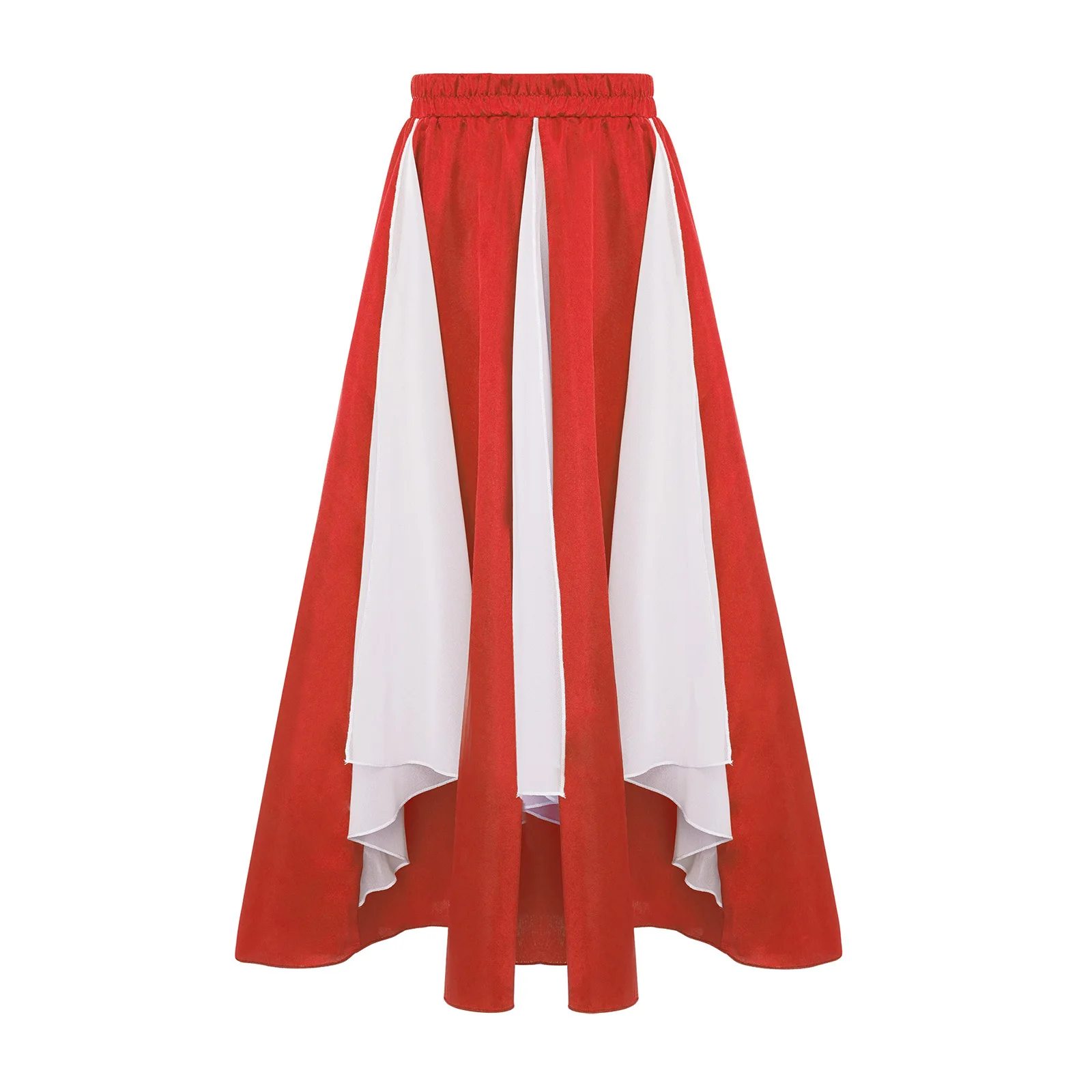 Kids Girls Spanish Flamenco Dance Skirts Worship Praise Performance Costume Color Block Wide Hemline Chiffon Panel Satin Skirt