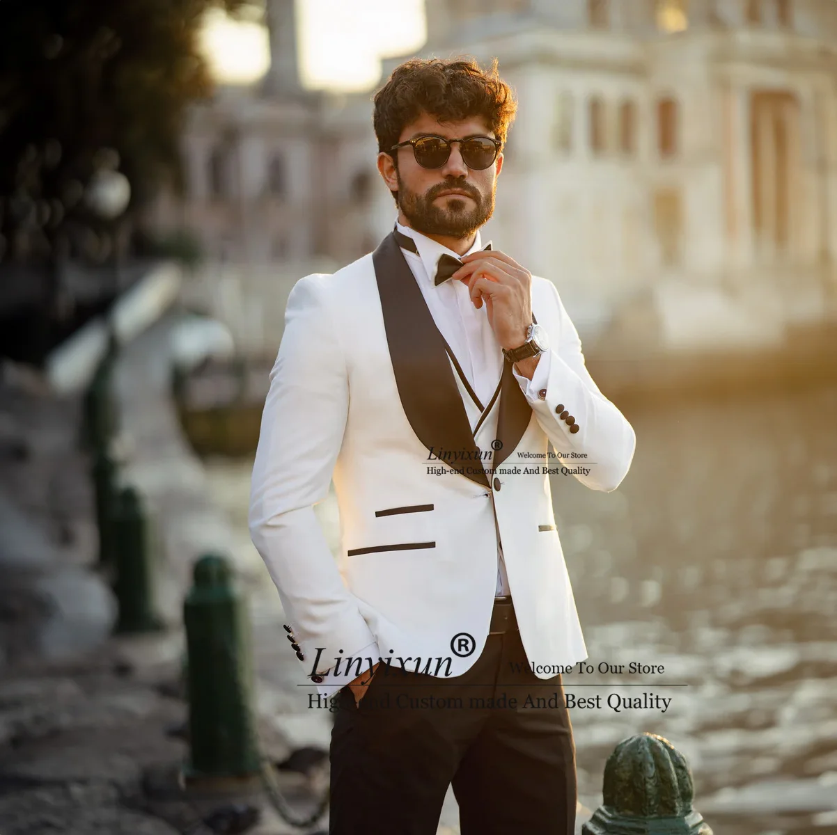 

Classic Men's Wedding Suits 3 Pieces Sets Groom Tuxedos Shawl Lapel Bridegroom Prom Blazers Slim Fit Terno Masculinos Completo