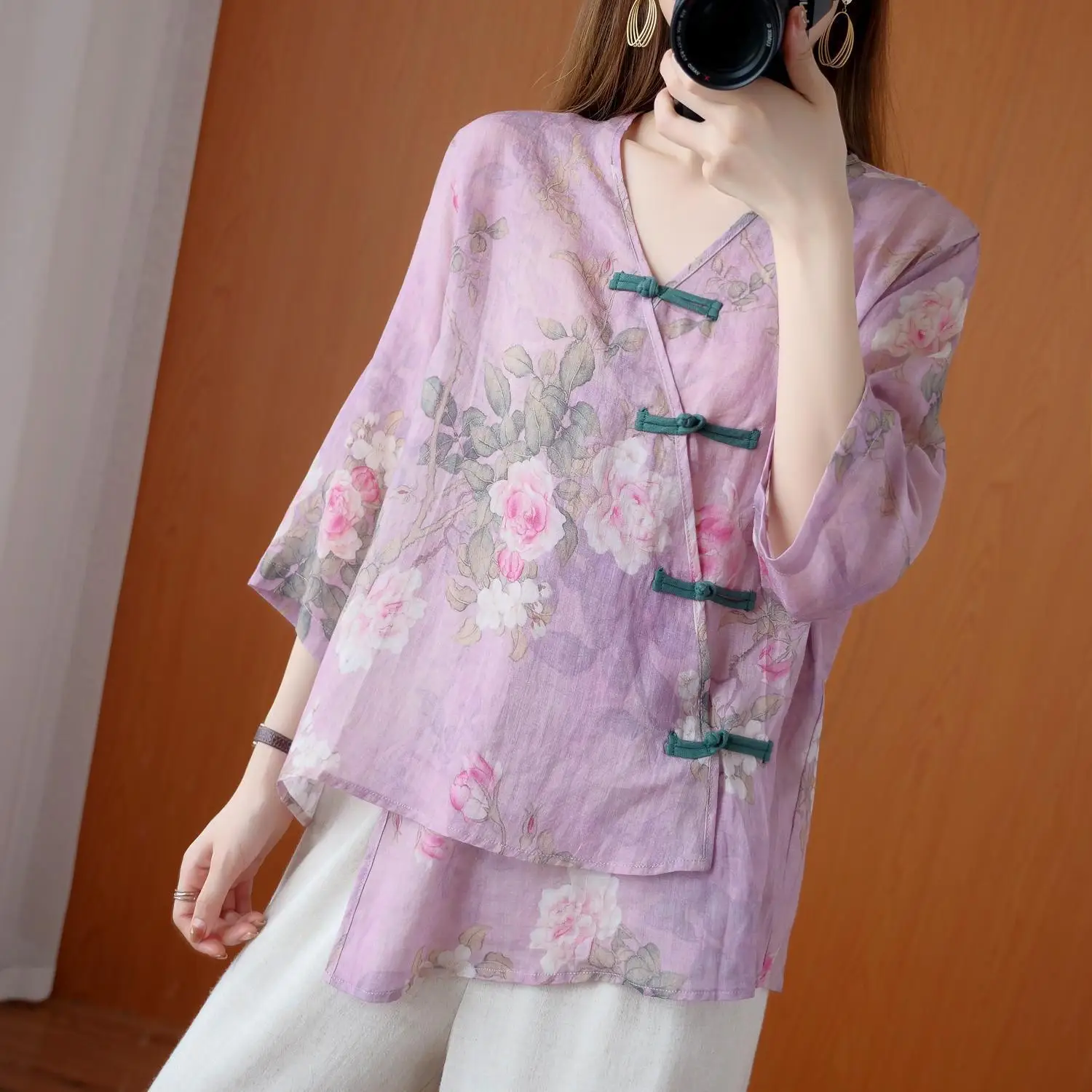 Summer Women Print Cotton Linen Shirt 2026 New Vintage Plate Buckle Tops Elegant V-neck Irregular Blouse Loose Plus-size