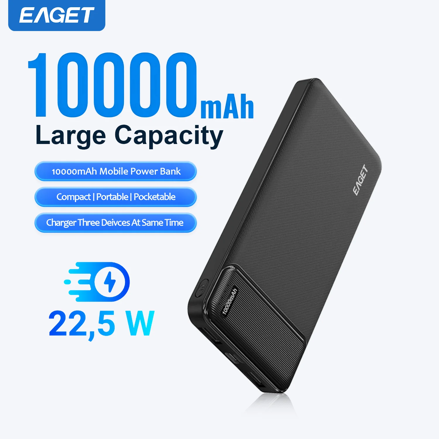 Eaget 10000mAh Power Bank 22.5W PD Fast Charging Powerbank Portable Battery Charger for iPhone 16Pro 15 14 13 Xiaomi Poco