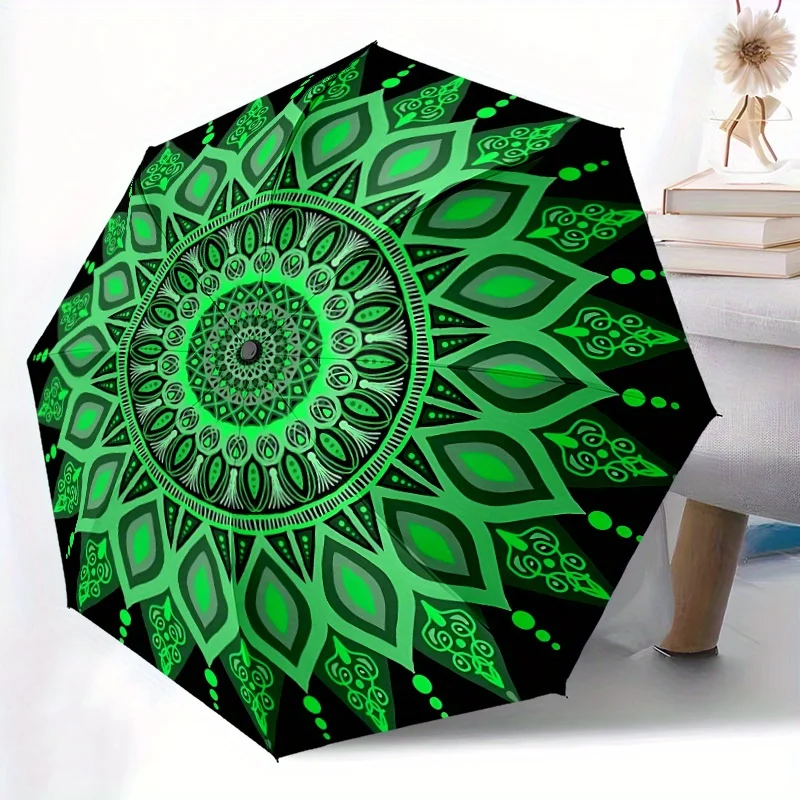 

Автоматический складной зонт с узором мандалы, зелено-черный дизайн, 8 спиц, компактный, портативный, 1 шт.