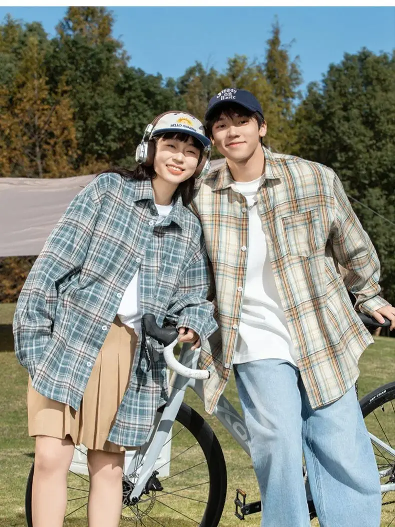 Couple Retro Long Sleeve Shirt Men Women Clashing Color Checkered Design Loose Casual Blouse Jacket Soft Simple