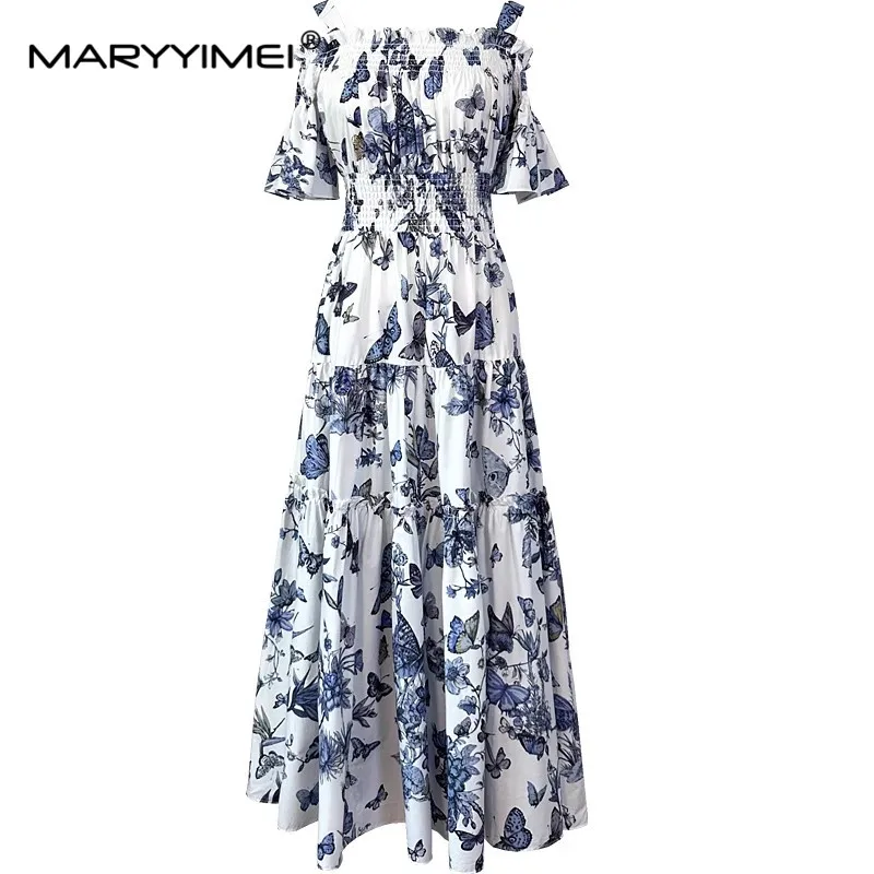 

MARYYIMEI Fashion Summer Women's Dress Off shoulder Flare Sleeve Spaghetti strap Butterfly Floral Print Cotton Dresses