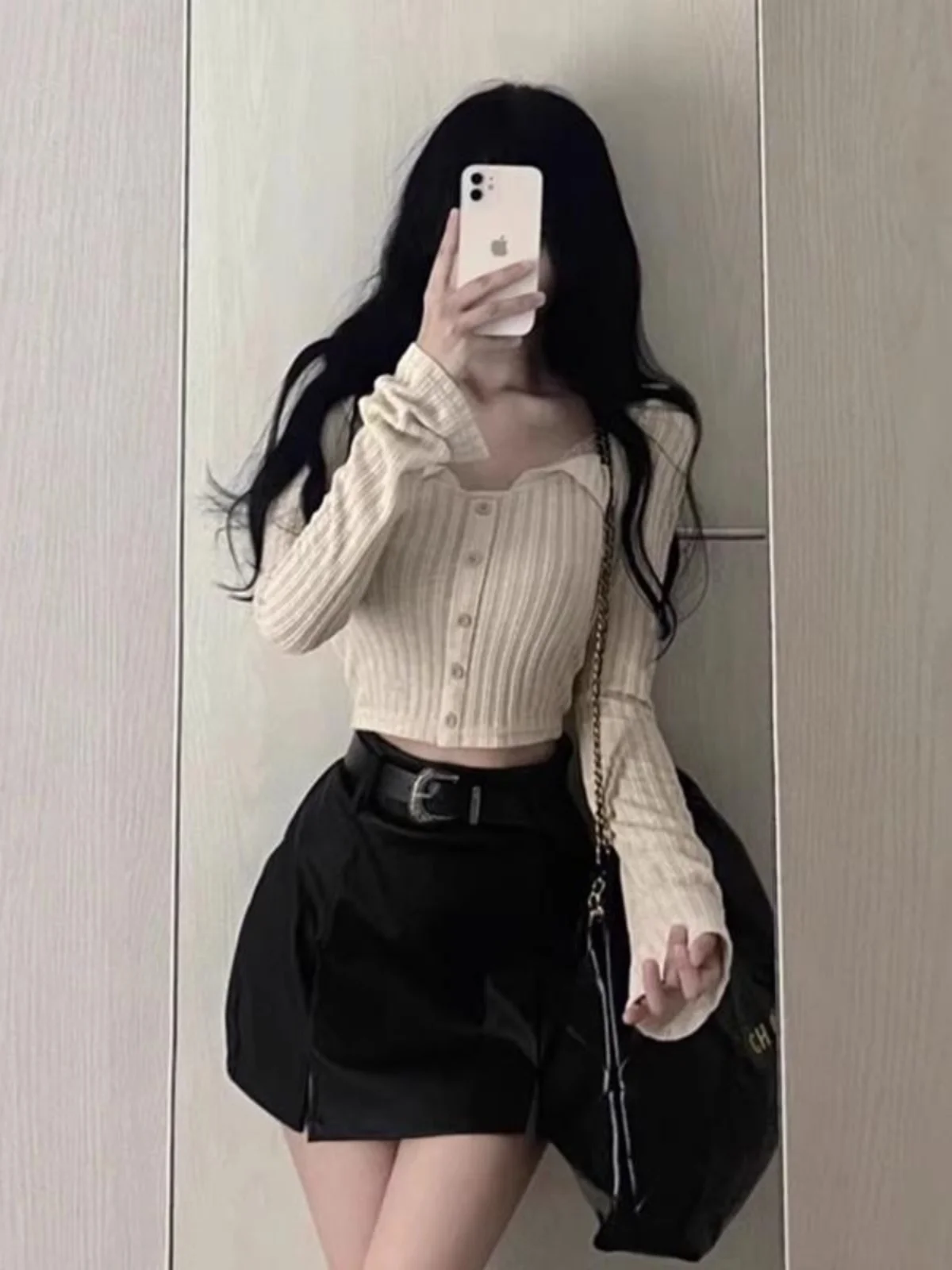 Sweet Japanese Style Square Collar Lace Stripe Long Sleeve T-Shirt Women's Spicy Pure Desire Slim Fit Short Top Cardigan