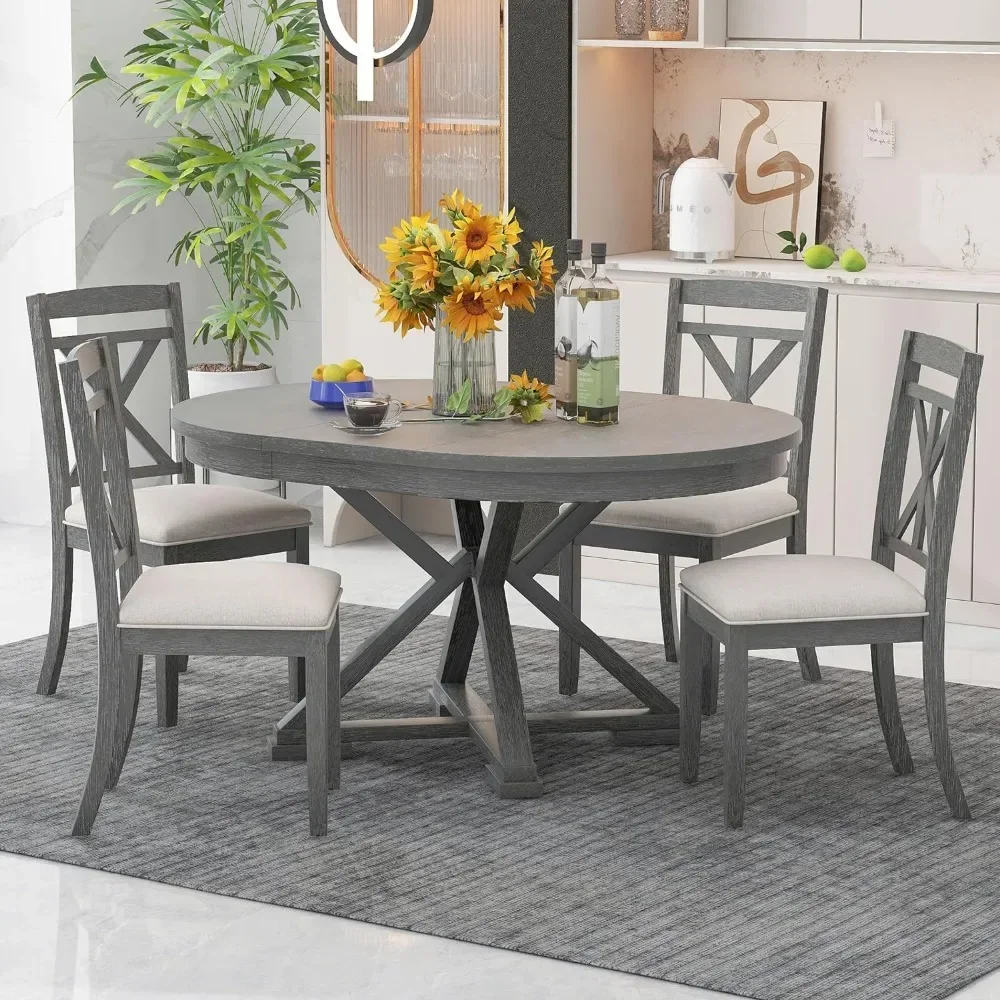 5 Piece Retro, Functional Set,Extendable Round Table and 4 Upholstered Chairs for Dining Room and Kitchen,Gray