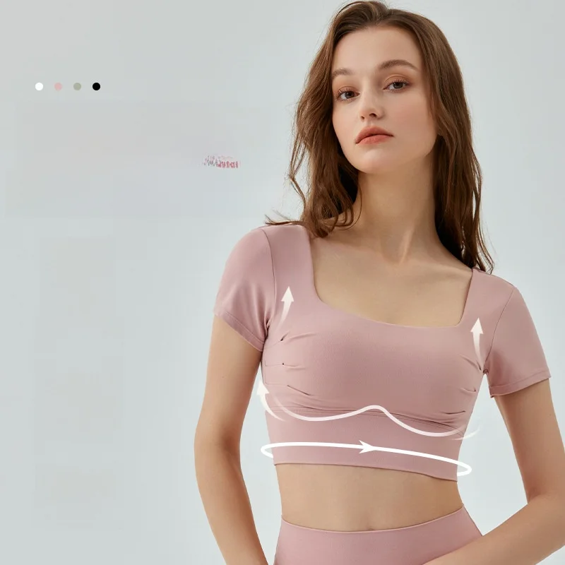 

Women's Front Chest Pleated Short Yoga Top Summer Slimming Look Breathable Hollow Beautiful Back Short-Sleeved Sportswear