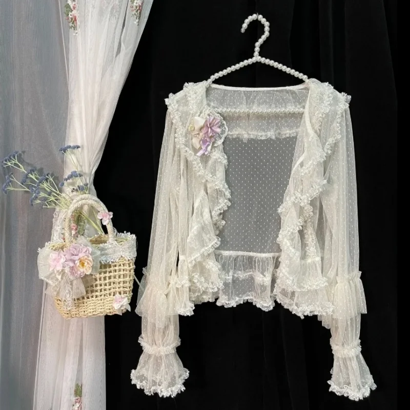로리타 스윗 큐트 시스루 가디건 셔츠 여성용 레이스 러플 라운드넥 긴팔 탑 얇은 원사 카와이 소프트 블라우스 숄