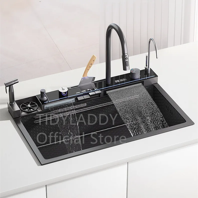 

Stainless Steel Kitchen Waterfall Sink Digital Display Large Single Sink Dish Basin Sink With Multifunction Waterfall Faucet