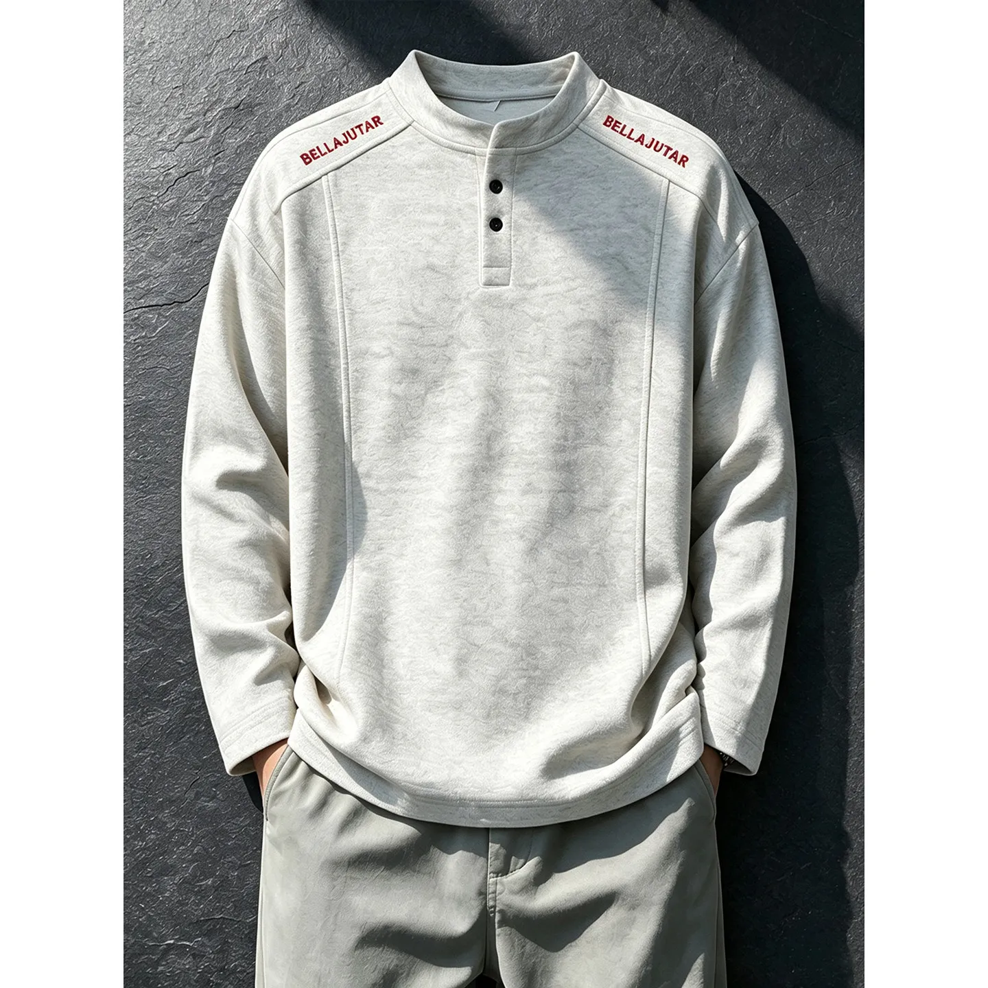 Embroidered long sleeved T-shirt with collar, men's heavyweight front shoulder sweatshirt, cleanfit deconstruction and splicing