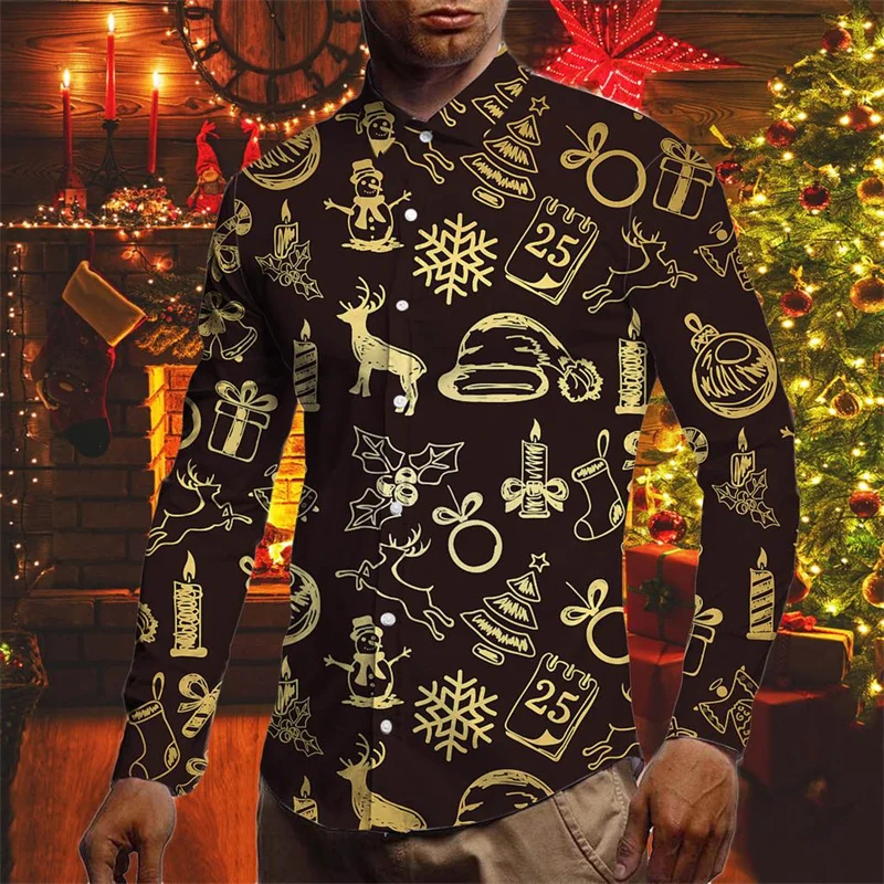 Christmas Decoration Pattern Hawaiian Shirts For Men Santa Claus Reindeer 3D Print Blouse Casual Loose Aloha Shirts Long Sleeves