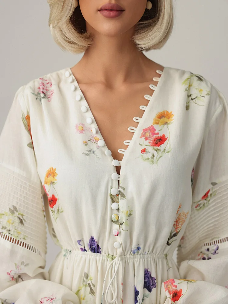 Sweet Floral Printed Backless Maxi Dress For Women Lantern Sleeve High Waist Long Robes 2025 New Lady Summer Vacation Dresses image 4