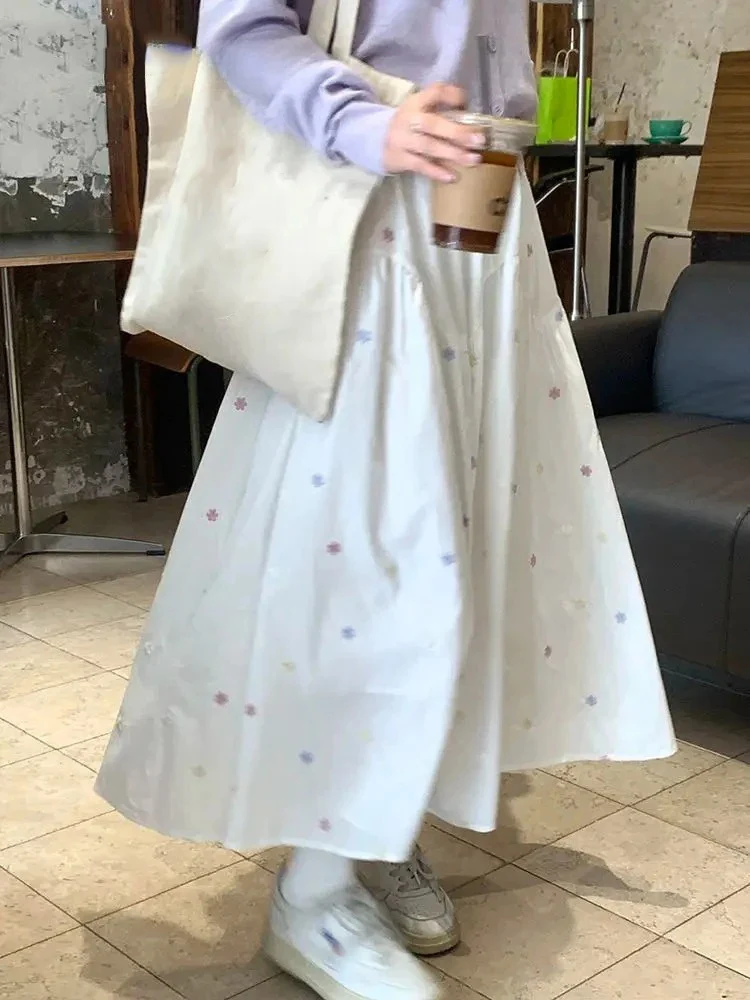 

Skirts Women Colorful Flowers Sweet Patchwork Stretch High Waist Spring Summer Fashion Elegant Long Skirt Ladies Casual