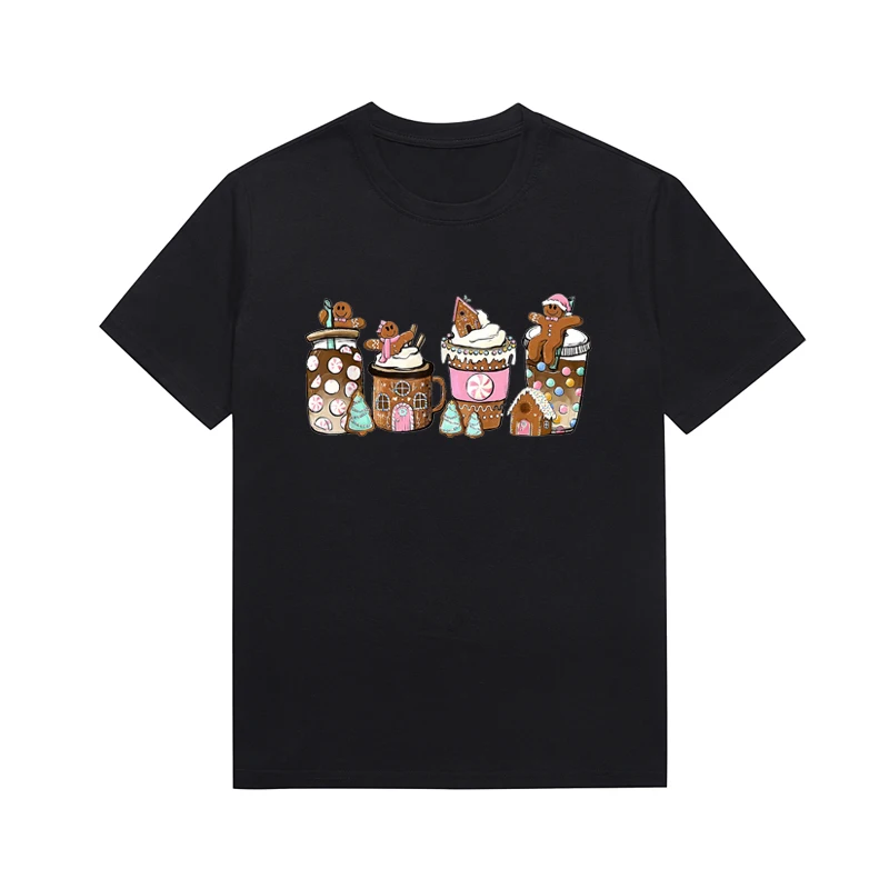 Fun Gingerbread Man Graphic Tees Hot Cocoa Christmas Printing Female Top Basic Style Cotton Tops Custom T Shirt