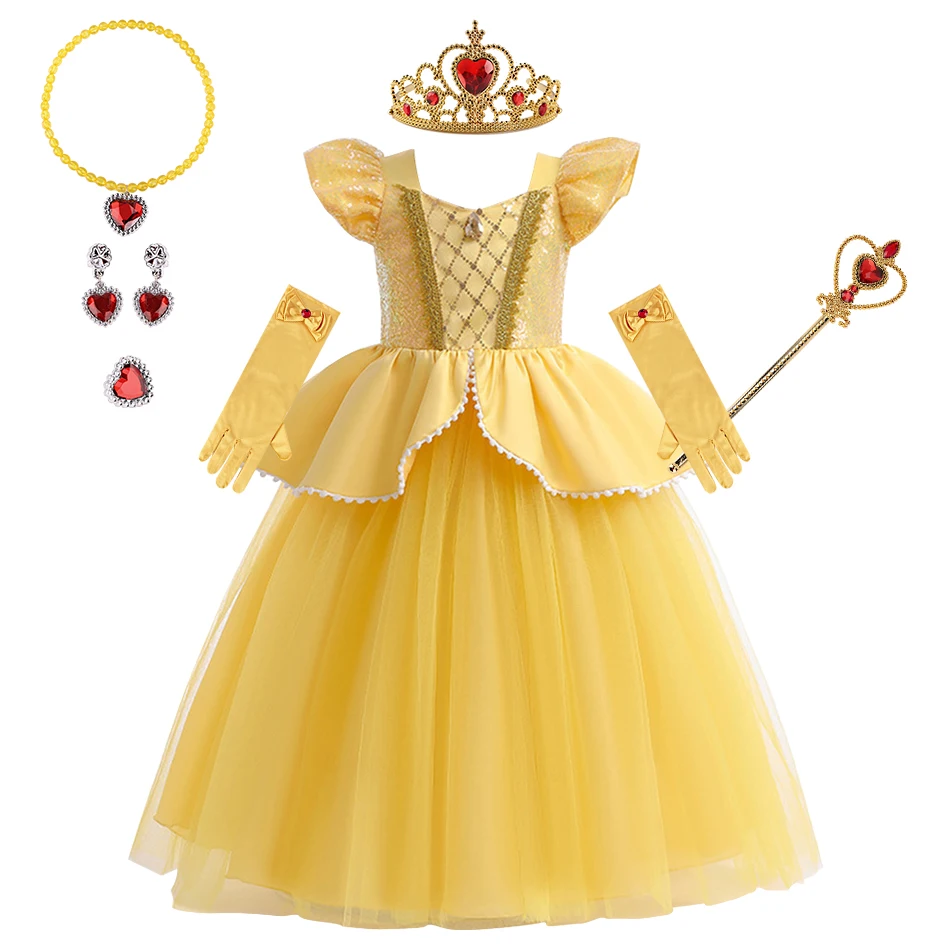 

Kids Cosplay Dresses Girls Bubble Sleeves Yellow Dress Girl Beauty and Beast Belle Dress Children Stage Performance Costumes