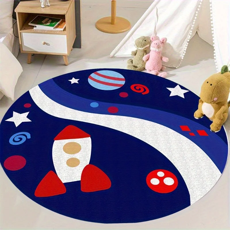 

[Продукт] Рождественское украшение, круглый ковер с изображением космонавта, яркий дизайн с ракетами и звездами, подходит для спальни, кухни, гостиной.