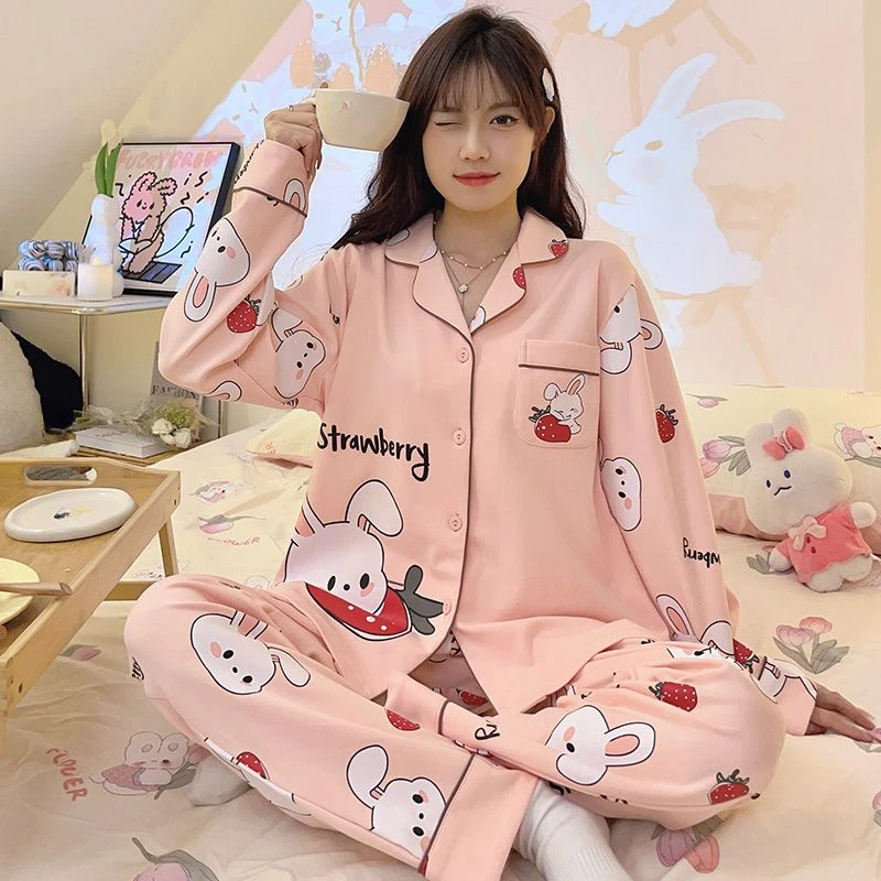 Pigiama da donna manica lunga primavera autunno Large Size 100.00kg indossabile Homewear Suit femminile dolce Cartoon Casual Sleepwear Set