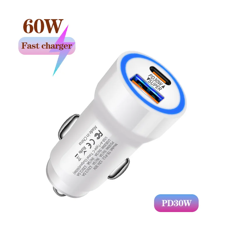 

2Port 60W Car Charger PD30W/QC30W Super Fast Charge Dual A+C Ports Super Fast Charging Car Cigarette Lighter Charger for iphone