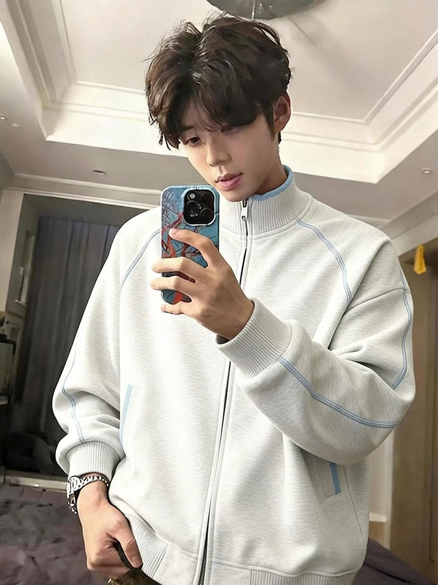 

Мужской весенний повседневный спортивный кардиган-свитшот Hassu Line White с воротником-стойкой, свободного кроя, с длинными рукавами