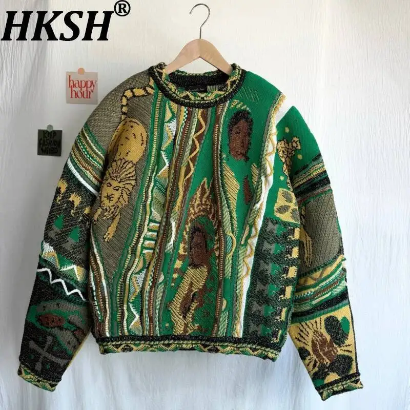 

HKSH Spring Autumn New Men Tide Punk Dark Retro Color-Block Knitted Crew Neck Pullover Jacquard 3D Sweater Chic Ins Y2k HK21085