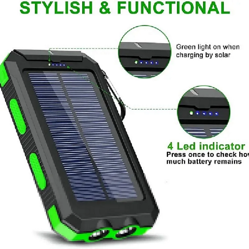 

Solar Power Bank 20000mAh Spare battery Large Capacity Fast Charging Portable Charger Compass Waterproof Outdoor Backup Power