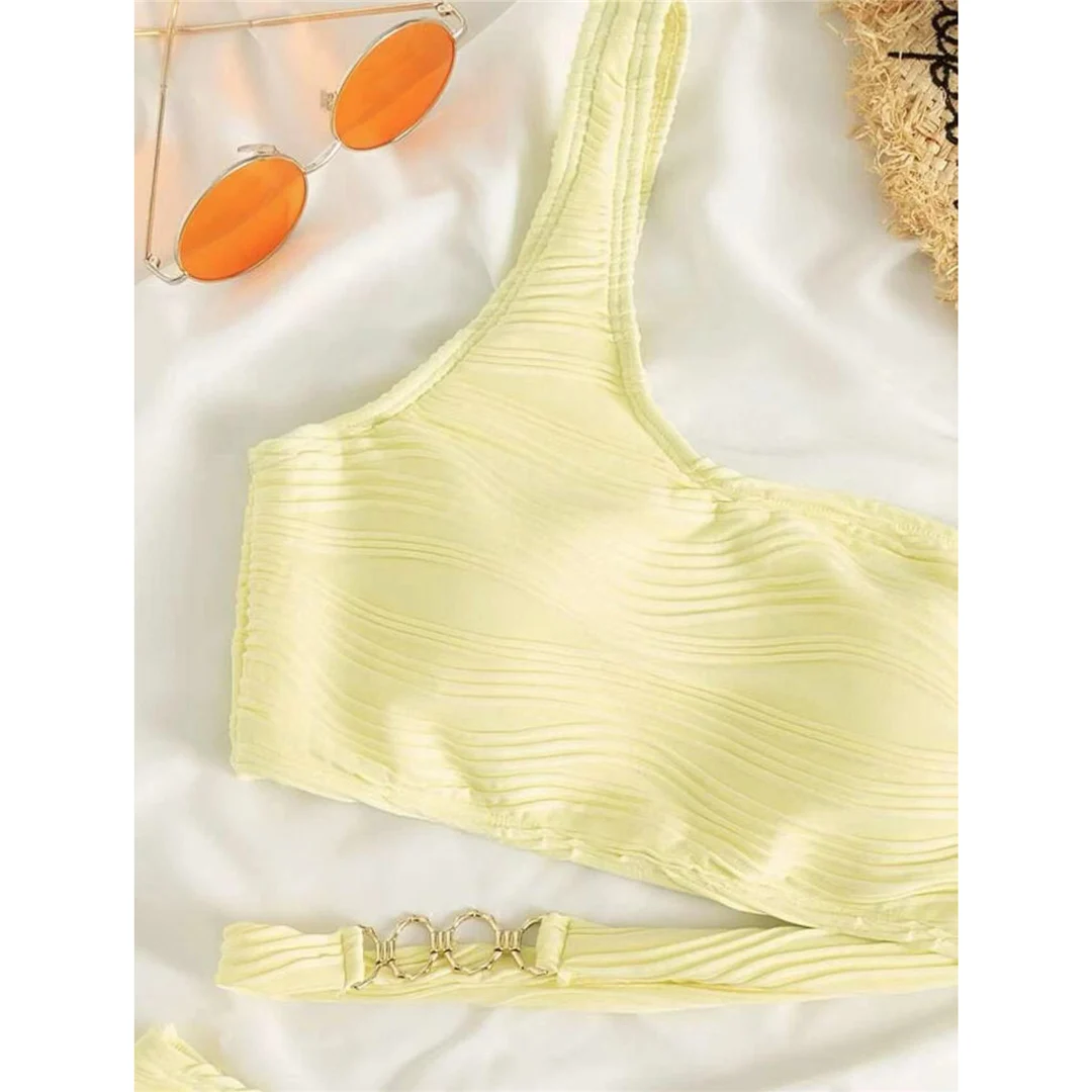 Sexy One-Shoulder-Bikini mit gerafftem Design und Metallring, zweiteiliges Bikini-Set, Damen-Badebekleidung, Badeanzug, Badebekleidung, Badeanzug, Modell V4134 – Detail 12