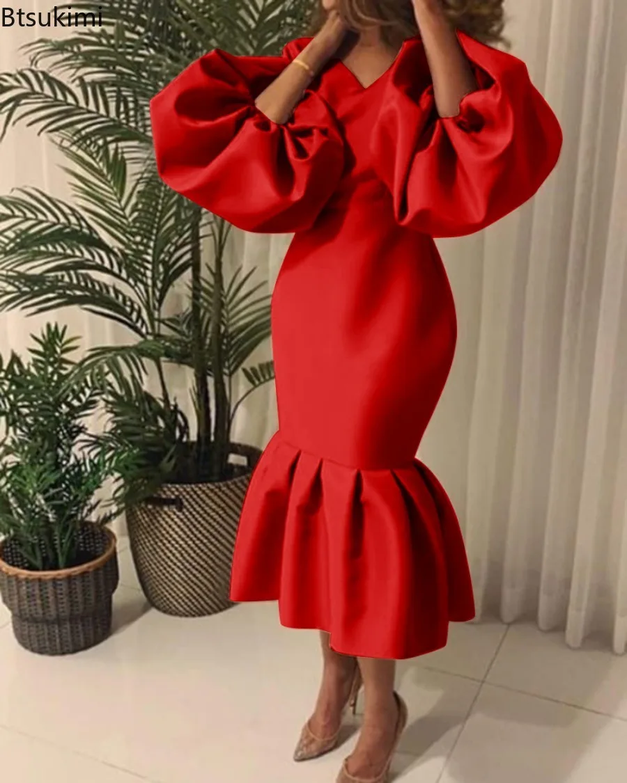 New2025 Afrikanische frauen Mode Einfarbig V-ausschnitt Blase Langarm Fischschwanz Kleid V Kragen Bodycon Sexy Elegante Abendkleid