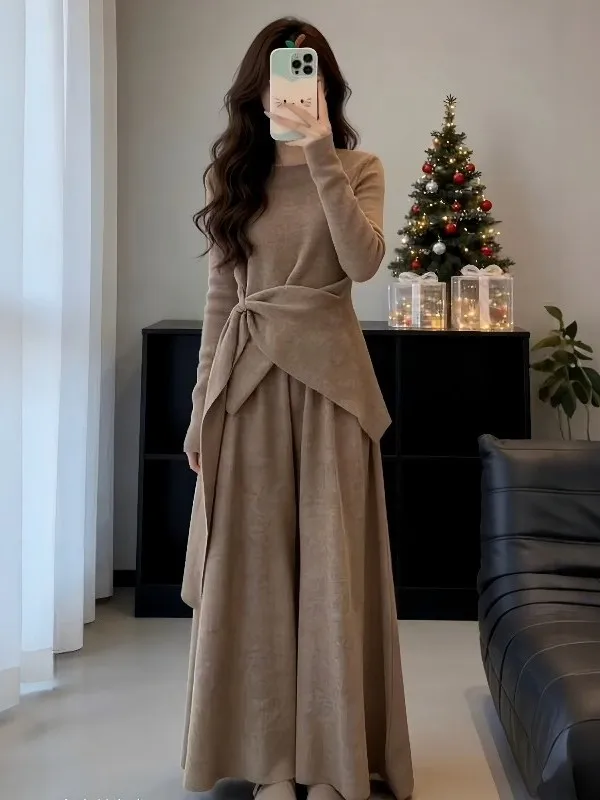 

Korean Style Winter Fashion Women's Uneven Tied Knitted Top Skirt Sweater Set High Waist Polyester Fiber Warm Casual Workwear