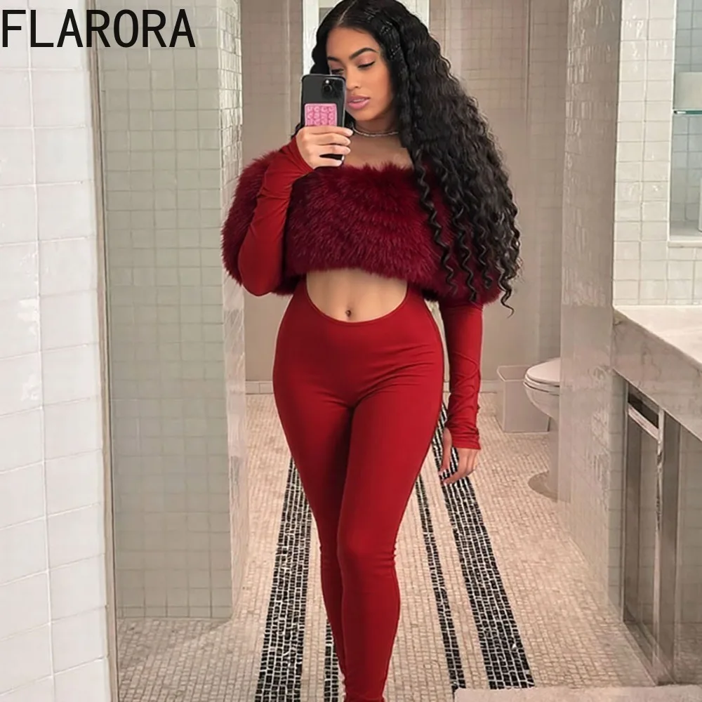 

FLARORA Sexy Furry Patchwork Jumpsuits Woman Slash Neck Hollow Out Skinny Peach Hip Stretch Overalls New Luxury Party Clubwear