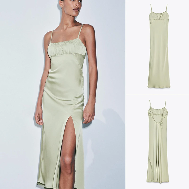 Abito Ele in raso di seta a vita alta con design dritto plissettato Ne Summer Long Svel Dr per donna