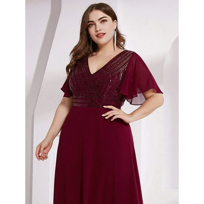 Vestido largo hasta el suelo de gasa con lentejuelas a rayas Burdeos de talla grande, elegante vestido de noche de verano con cuello en V, 4xl, 5xl