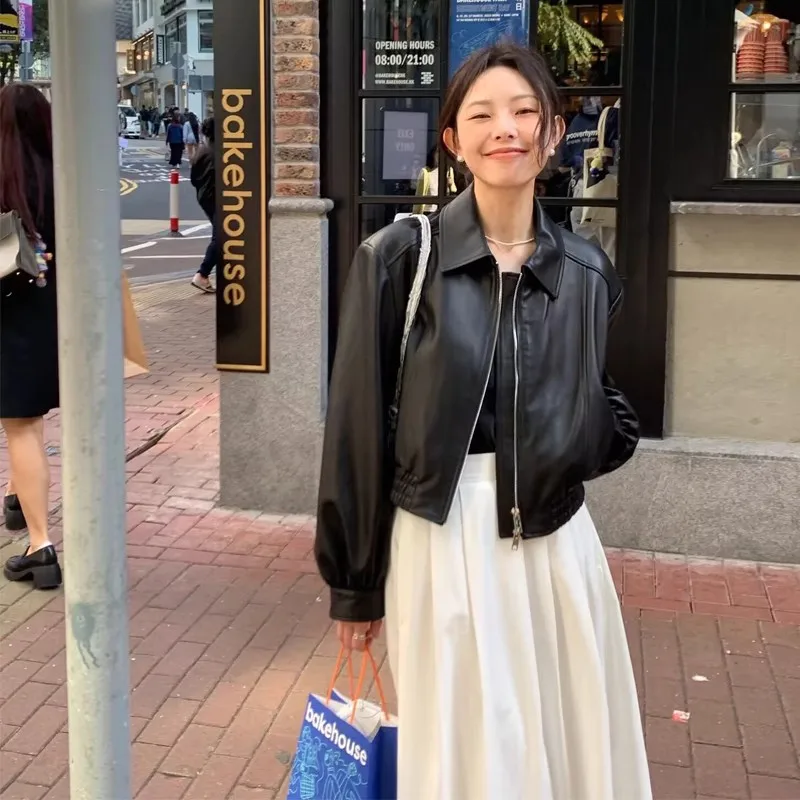 

Кожаная куртка Bla ort для женщин, новинка ранней осени, дизайн в стиле Гонконга, американское ретро, маленький размер, на молнии