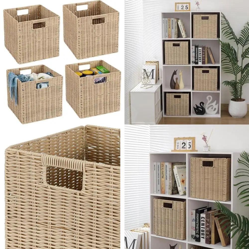 

Набор из 4 больших 12-дюймовых складных пластиковых плетеных кубических корзин для белья, хранения, бежевого цвета