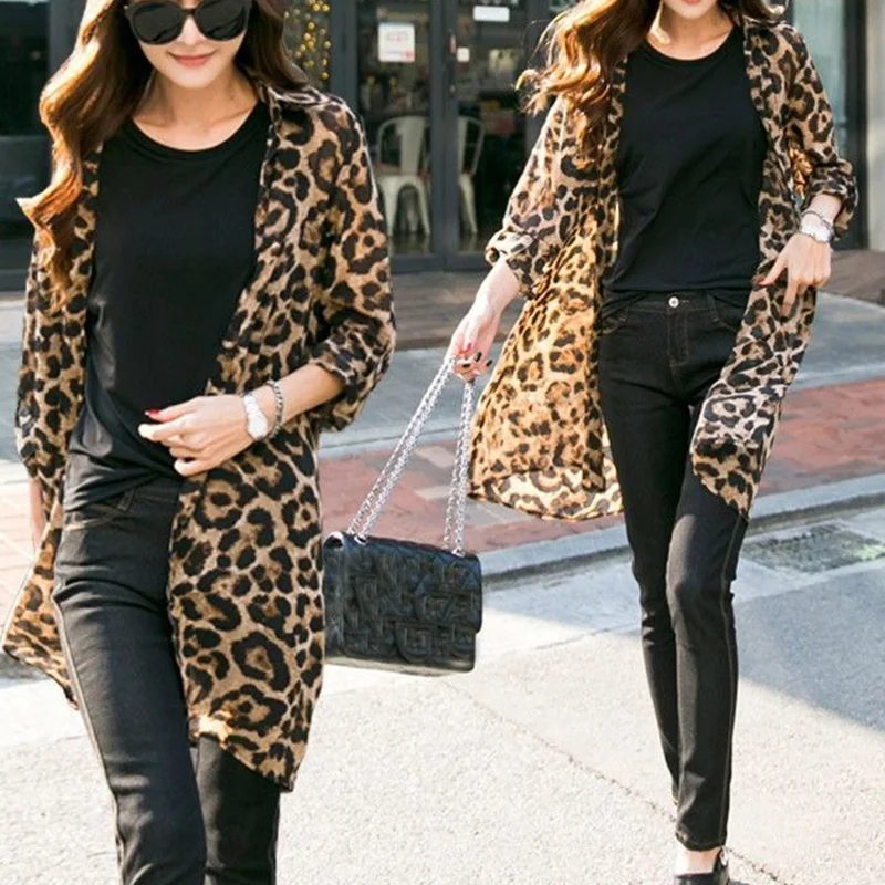 Spring Autumn Leopard Printing Cardigan Shirt Lady Long Sleeve Vintage Buttons All-match Top Women Casual Fashion Chiffon Blouse