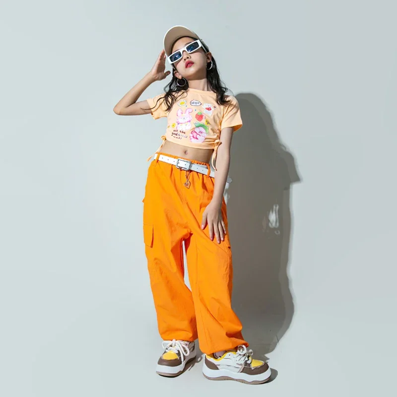 

Hip Hop Girls T-shirt Street Dance Solid Cargo Pants Child Candy Color Streetwear Crop Top Clothes Set Kids Sweet Jazz Costumes