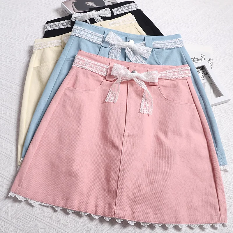 

202, весенне-летние юбки, женские милые кружевные юбки трапециевидной формы с завязками и высокой талией, повседневные однотонные универсальные юбки