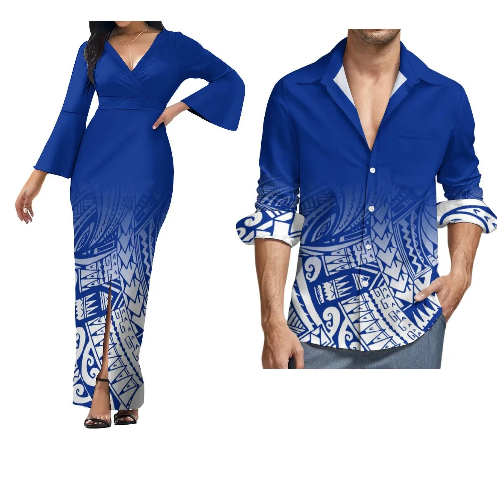 Fiji Island Style Dress Slim Maxi Dress Temperament Slit Design Custom Polynesian Couple Suit Men'S Long Sleeve Shirt