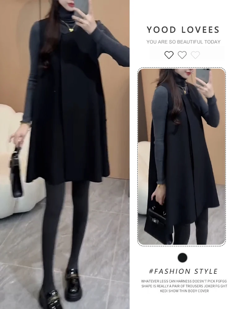 

Stylish High Collar Long Sleeve Base Shirt And Vest Dress Two Piece Set Korean Style Spring Autumn Complete Set Women's Fashion