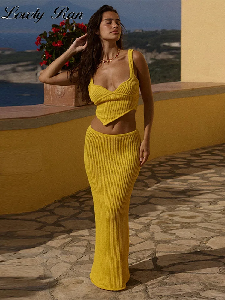 Strand Gelb Tank Top Rock Frauen Stricken Set Sling Rohr Backless Crop Tops Hüfte Paket Röcke 2025, Frühling Sommer Dame Outfit