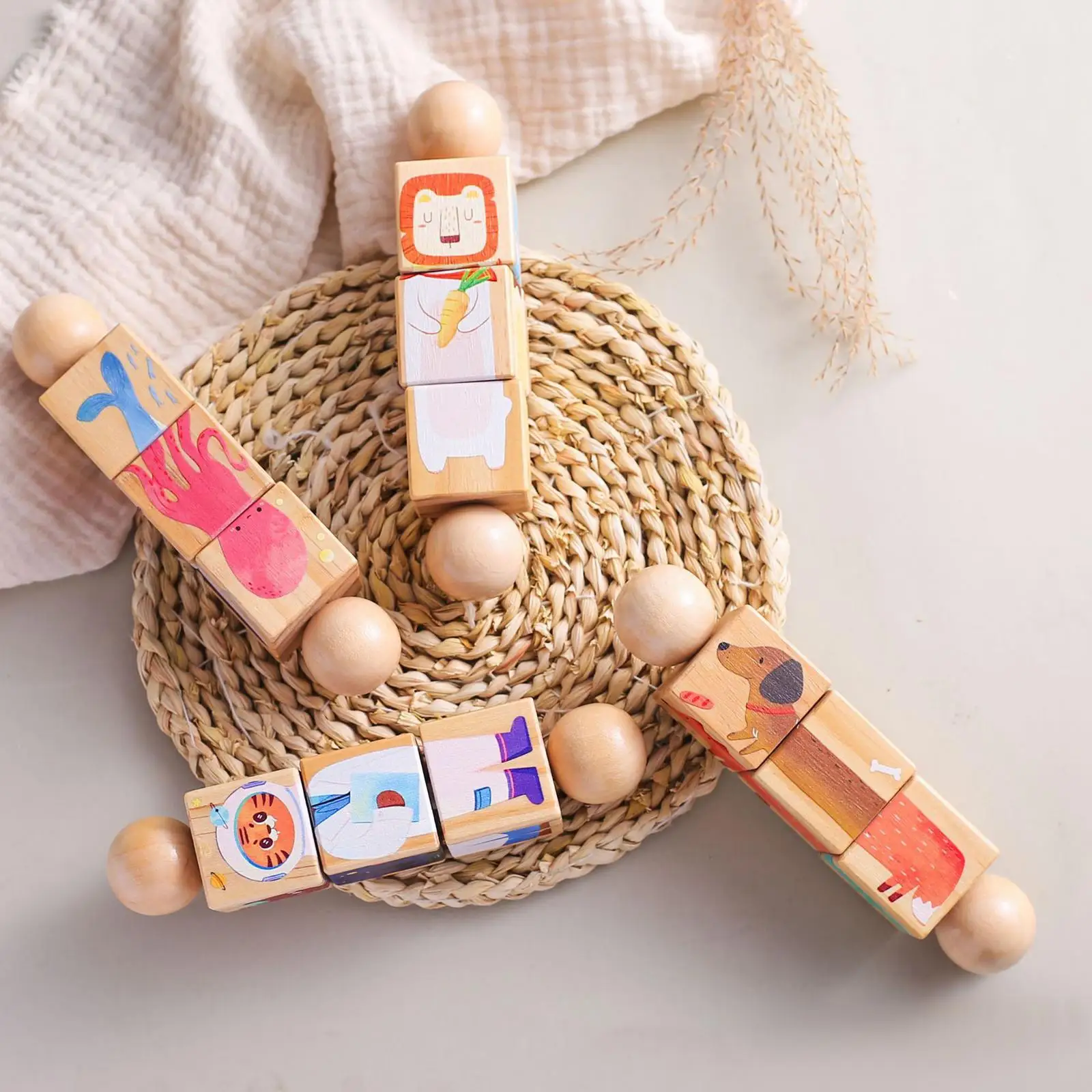 Rotating Montessori Wooden Puzzle Toy Cognitive Building Blocks for Children Educational Hand Grasping Game