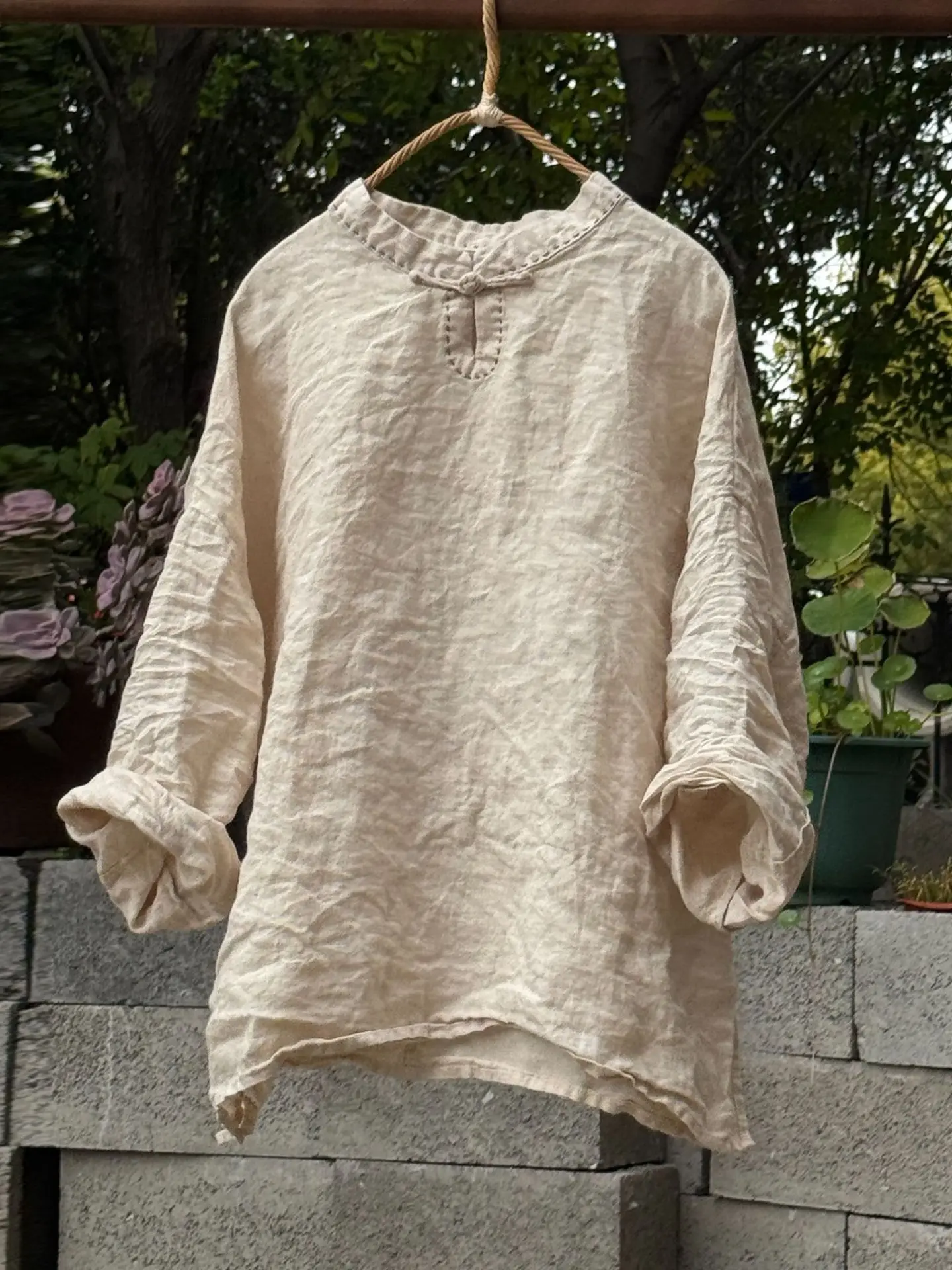 

Retro Waed Linen irt Loose Fit Single Button Stand Collar Tea Costume Top Hand Stitched Base Layer irt