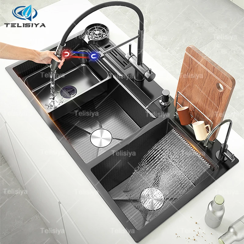 

Многофункциональная раковина для мытья посуды из нержавеющей стали с ножом, подставка для разделочной доски, бытовой водопад, двойной слот, кухонная раковина для квартиры