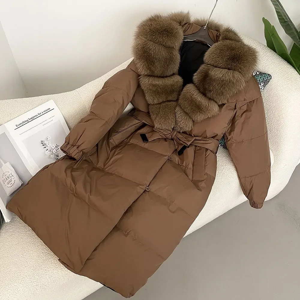 Natural Real Fox Raccoon Fur Collar White Duck Down Coat Thick Warm Belt Casual Outerwear 2024 Fur Jacket Winter Women