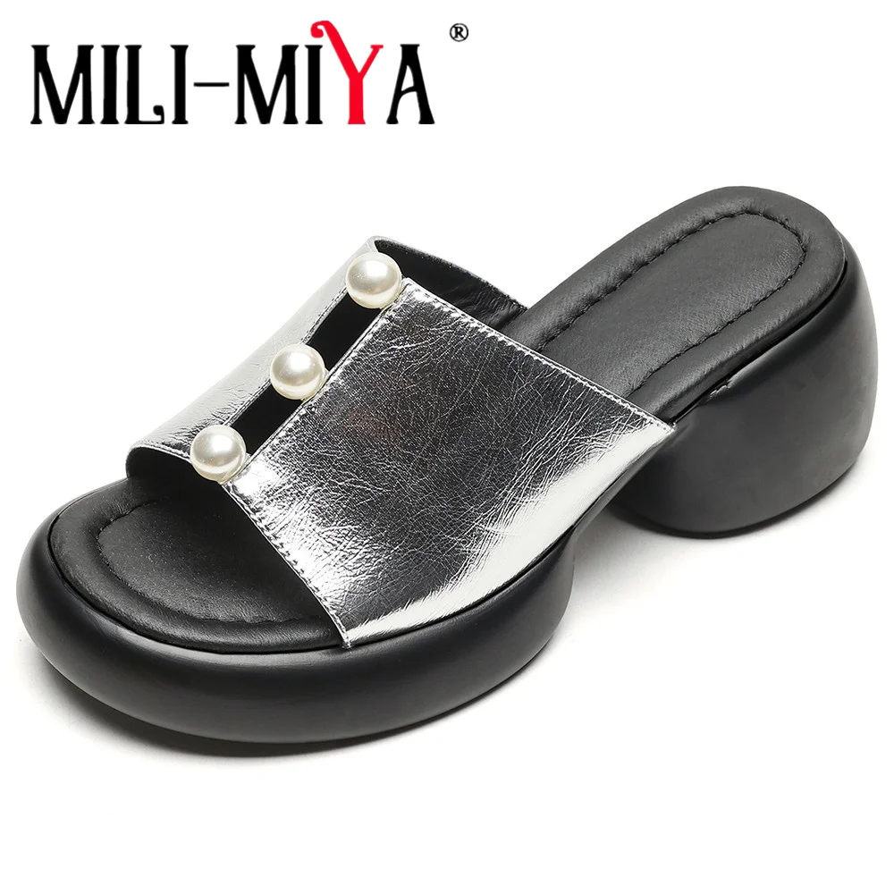 MILI-MIYA Black Women Genuine Leather Pearl-Studded Sandal Slippers Round Peep Toe Summer 2024 Unique Luxury Normal Casual Shoes