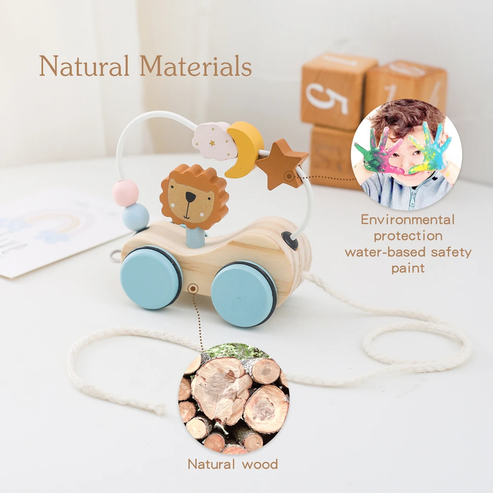 Montessori Wooden Baby Trailer Toys Multi-Function Colorful Cartoon Building Blocks Dragging Car Parent Child Game Toy Baby Gift