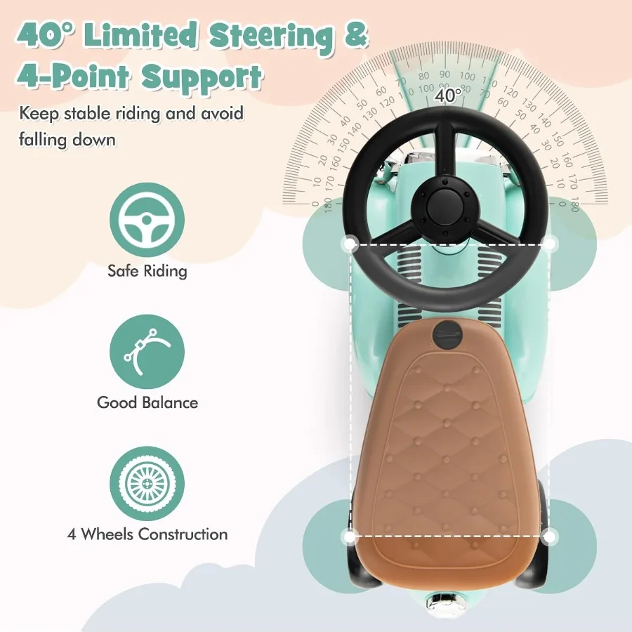 Ride On Push Car Outdoor Toddler Riding Toys w/Steering Wheel Horn and Storage Foot-to-Floor Sliding Car No Batteries Retro Bab