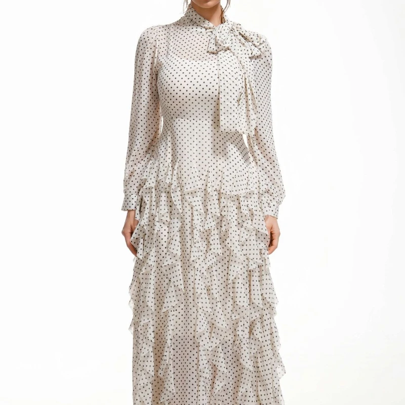 

Commuting Temperament Elegant Dress Polka-dot Semi-high Neck Long Sleeve Party Women's Dress