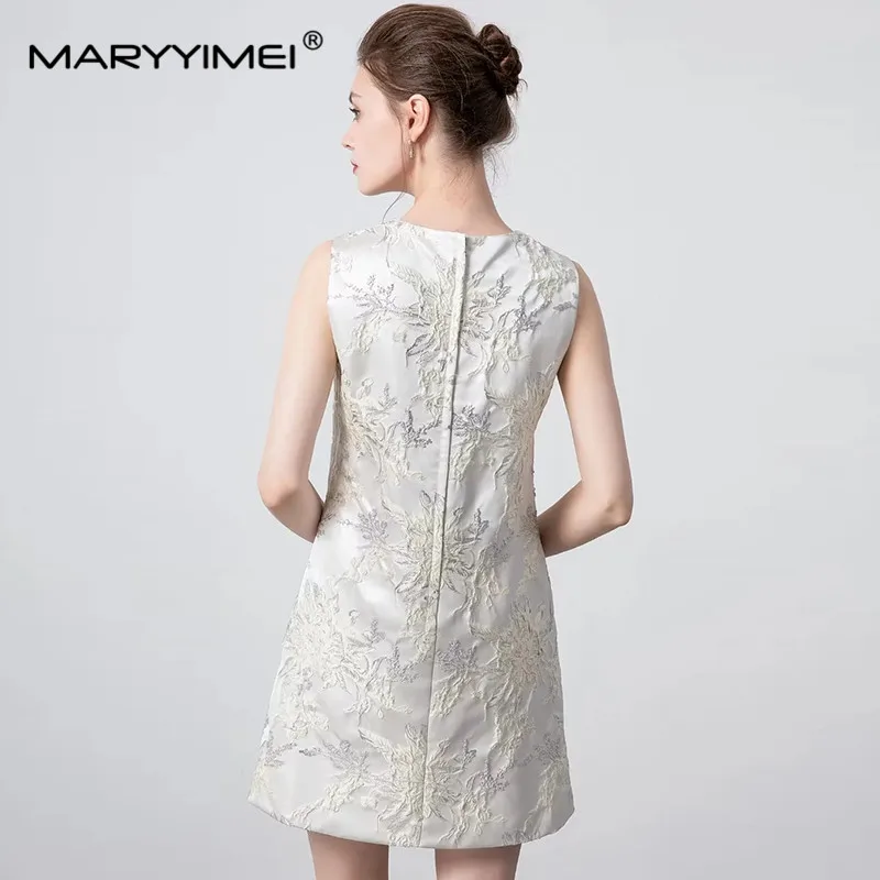 MARYYIMEI-Mini Vestido de Lantejoula Jacquard Vintage Feminino, Tanque Sem Mangas, Linha A, Branco, Elegante, Designer de Moda, Verão, Novo